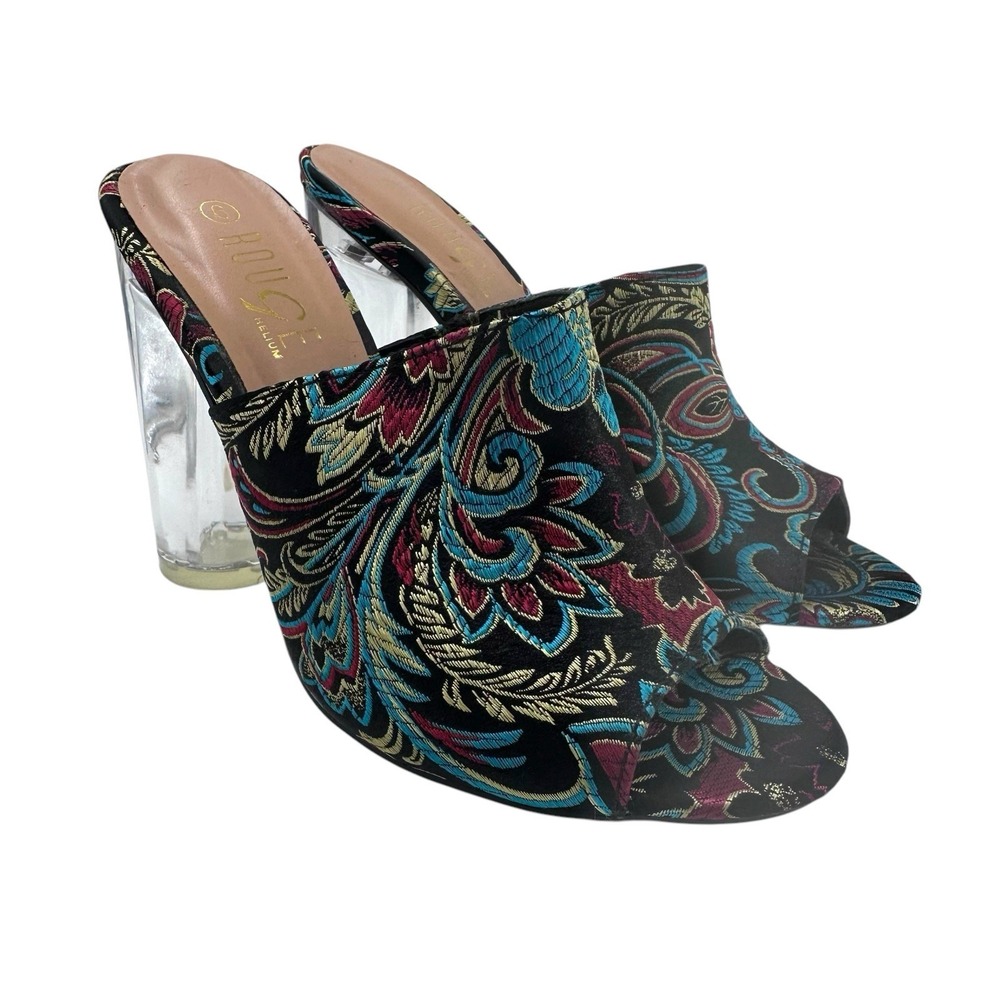 Rouge Clear Heeled Mules Floral Embroidered Heels Open Toe‎ Size 6